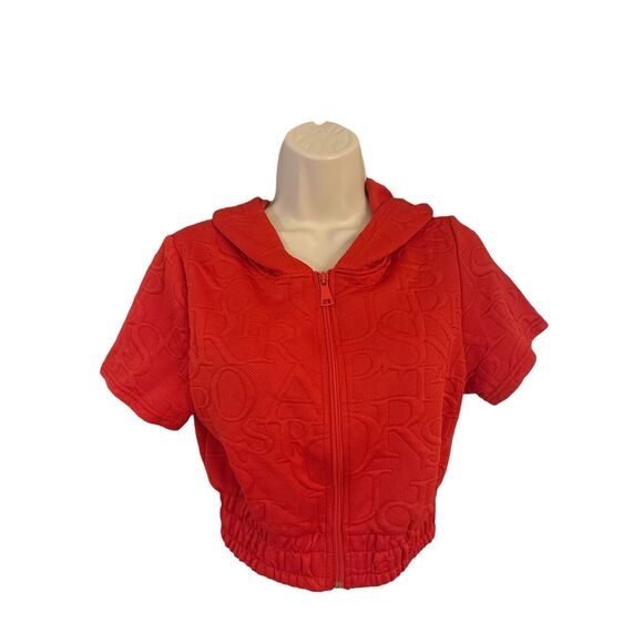 Cropped short sleeve zip up red hoodie jacket juniors size medium - Picture 1 of 6